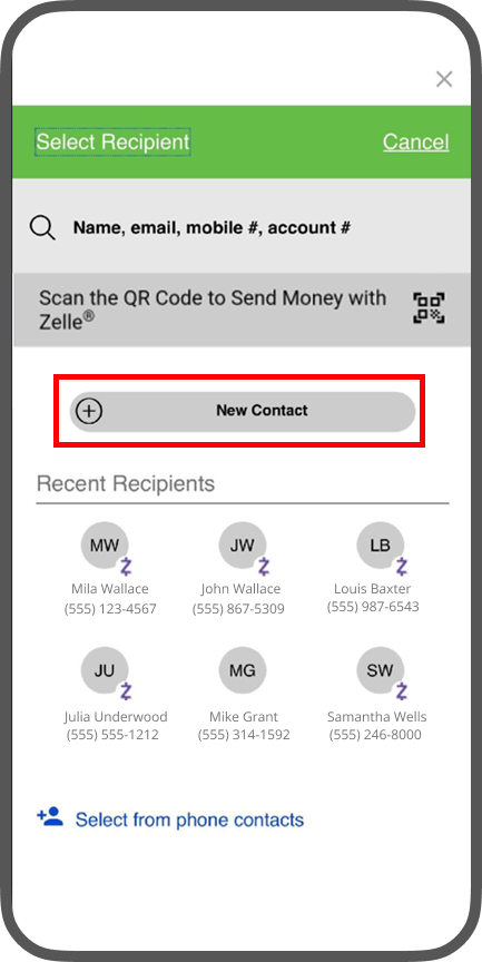 Step 2 to add Zelle ready contact in CCU app